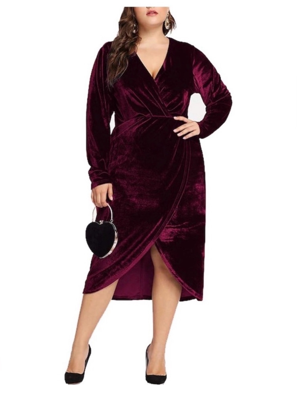 ESPRLIA Burgundy Velvet Faux Wrap Midi Dress Plus Size 14W Holiday Party